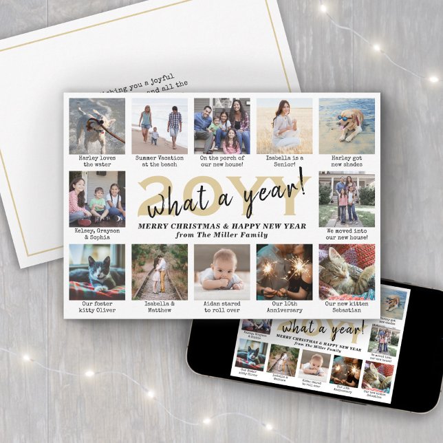 Tarjeta Festiva ¡Guión qué año! 12 Collage de fotos Oro y Blanco (Subido por el creador)