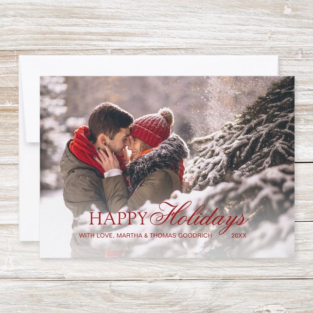 Tarjeta Festiva Guión rojo elegante Happy Holidays Gradient Photo (Simple, classy christmas photo card "Happy Holidays" with elegant red script typography.)