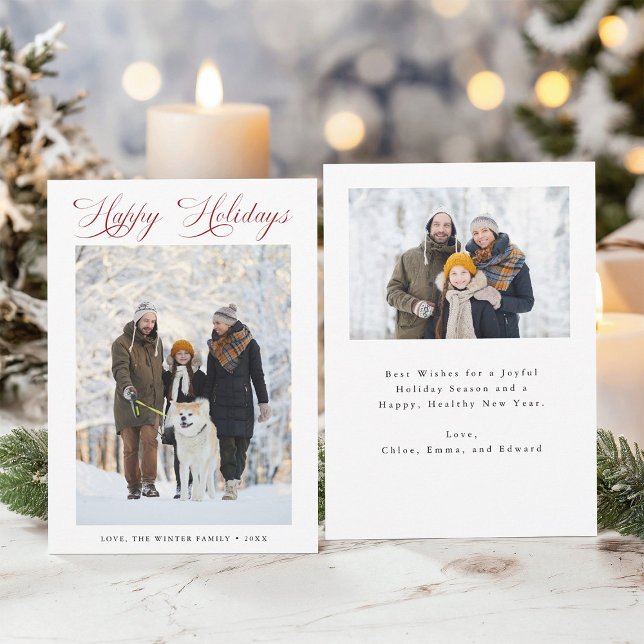 Tarjeta Festiva Guión rojo romántico Felices vacaciones 2 Foto (Front & Back)