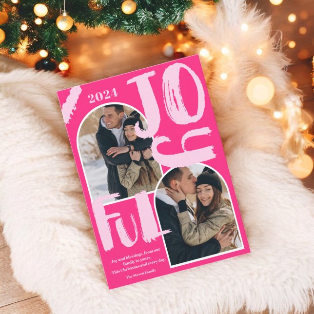 Tarjeta Festiva Guión rosa retro 2 fotos arco Navidades alegres (Retro pink script 2 photos arch Joyful Christmas Holiday Card)