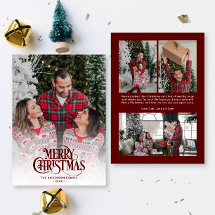 Tarjeta Festiva Guión vintage moderno rojo oscuro 4 Navidades de f