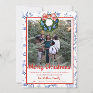 Tarjeta Festiva Guirnalda Chinoiserie, azul y blanco abuelito