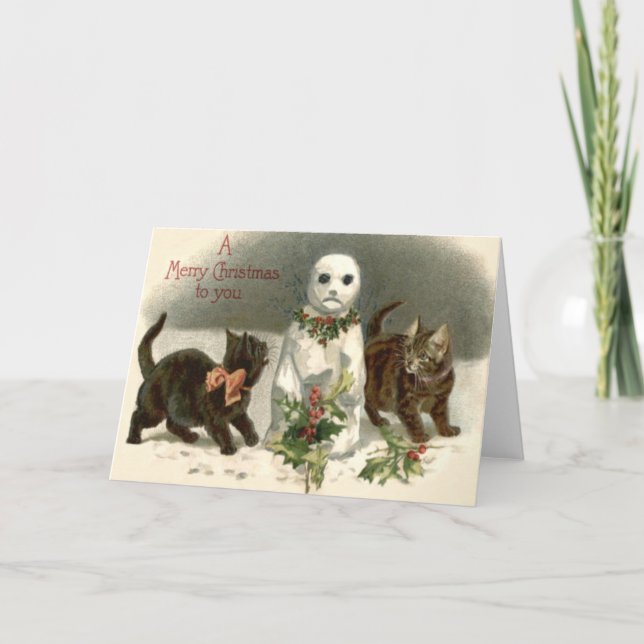 Tarjeta Festiva Guirnalda curiosa del acebo del muñeco de nieve (Anverso)