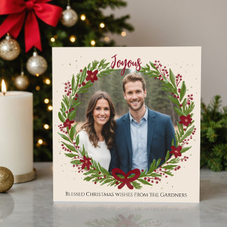 Tarjeta Festiva Guirnalda de acuarela Chic Lazo Verde Rojo Moderno