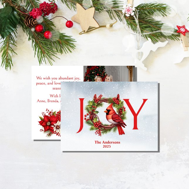 Tarjeta Festiva Guirnalda de acuarela Joy con cardenal rojo | 1 fo (Our watercolor Christmas card is the perfect way to spread joy this holiday season. Get yours today!)