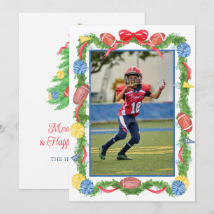 Tarjeta Festiva Guirnalda de fútbol navideño en acuarela y foto de