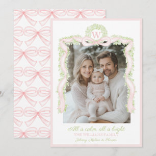 Tarjeta Festiva Guirnalda de lazo de lazos rosados Preppy Grandmil