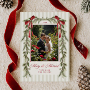 Tarjeta Festiva Guirnalda de lazo rojo perenne Foto de casados ale