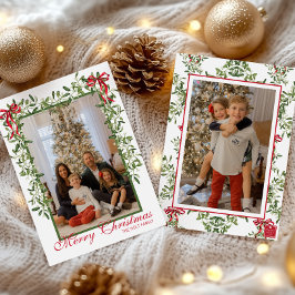 Tarjeta Festiva Guirnalda de muérdago de lazo rojo acuarela Foto