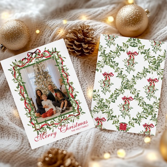 Tarjeta Festiva Guirnalda de muérdago de lazo rojo acuarela Foto (Subido por el creador)