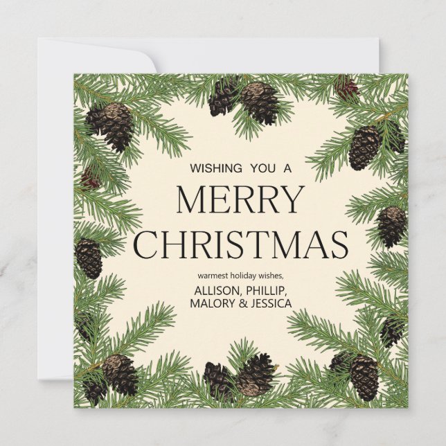 Tarjeta Festiva Guirnalda de piñas navideñas en marco (Anverso)