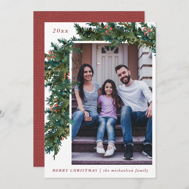 Tarjeta Festiva Guirnalda de Verdor con Aspecto de Arpillera Roja  (Anverso / Reverso)