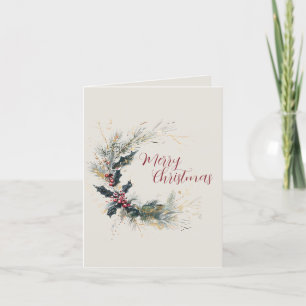 Tarjeta Festiva Guirnalda elegante de pino y acebo con acentos dor