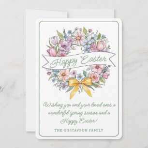 Tarjeta Festiva Guirnalda floral de Pascua colorida con lazo amari