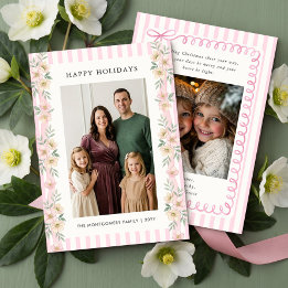Tarjeta Festiva Guirnalda floral de raya rosa Felices Fiestas