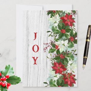 Tarjeta Festiva Guirnalda rústica de poinsettia sobre madera blanc
