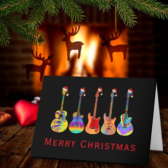 Tarjeta Festiva Guitar Merry Christmas Funny Psychedelic Music (Christmas guitars wearing Santa hats merry Christmas holiday greetings folded card guitarist music)