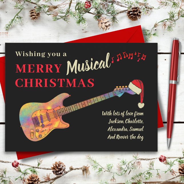 Tarjeta Festiva Guitarra de Navidades rockeros con sombrero de San (Rock and roll christmas guitar custom holiday greetings card merry musical funky electric guitar)