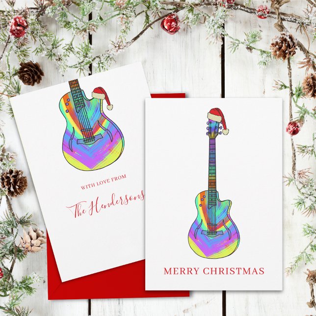 Tarjeta Festiva Guitarra personalizada de Navidades coloridos (Colorful Christmas guitar Santa personalized holiday card)