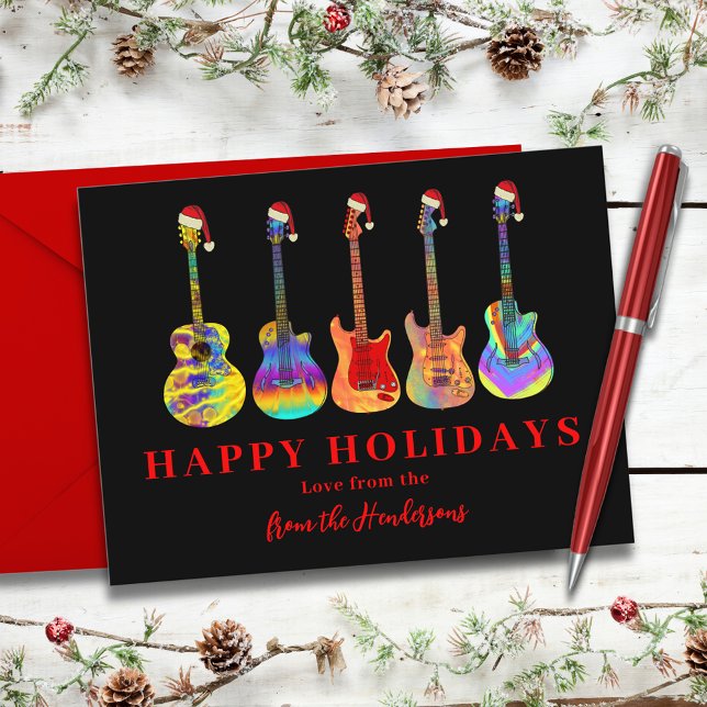 Tarjeta Festiva Guitars Personalizado de navidades (Cool guitar colorful happy holidays greetings card black and red typography )