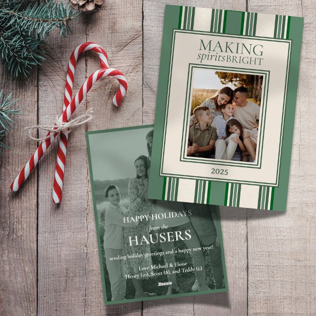 Tarjeta Festiva Hacer Que Los Espíritus Brillen Dos Bandas De Foto (Send holiday greetings with this Making Spirits Bright Two Photo Stripe Holiday Card! )