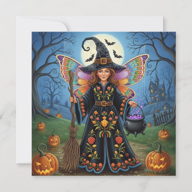 Tarjeta Festiva Hada de Halloween bruja con calabazas  (Anverso)