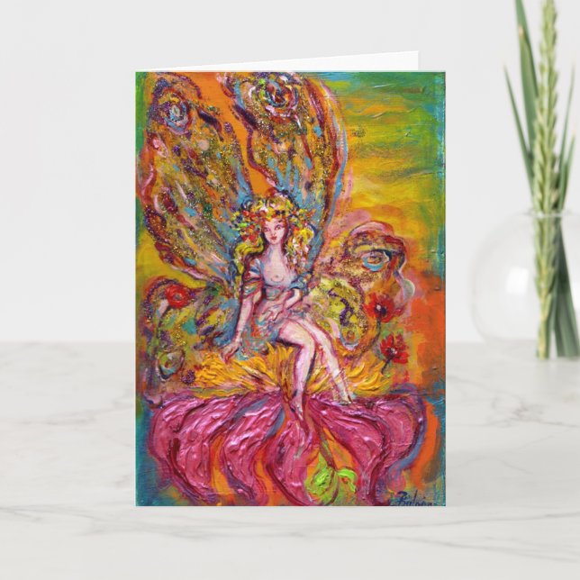 Tarjeta Festiva HADA DE LAS FLORES EN EL LIRIO ROSA fantasía (Anverso)