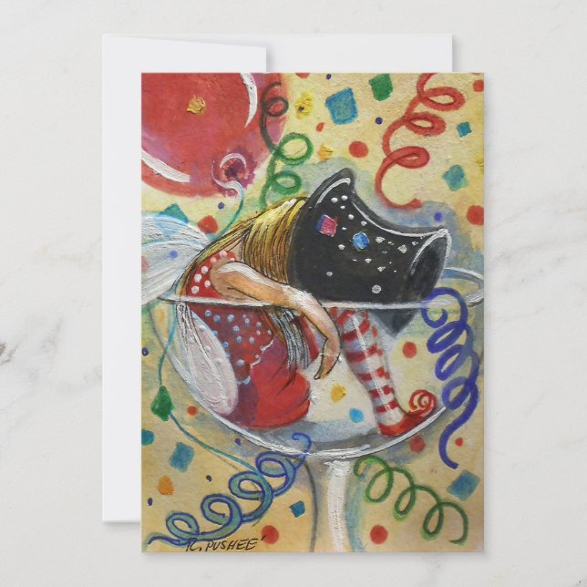 Tarjeta Festiva Hada en una copa de champán. (Anverso)