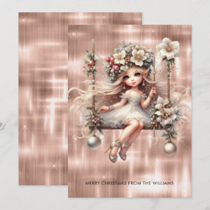 Tarjeta Festiva Hadas navidades sobre el fondo del oro de la Rosa 
