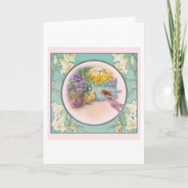 Tarjeta Festiva Hadas y polluelos mágicos de la flor de Pascua (Anverso)