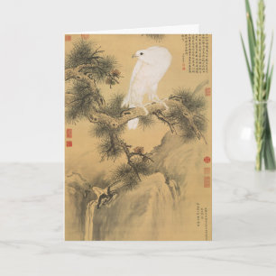 Tarjeta Festiva Halcón Blanco Vintage sobre Arte Chino del Árbol d