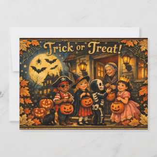 Tarjeta Festiva Halloween antiguo niños con disfraces