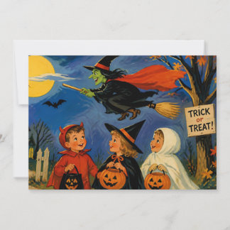 Tarjeta Festiva Halloween antiguo niños y bruja voladora