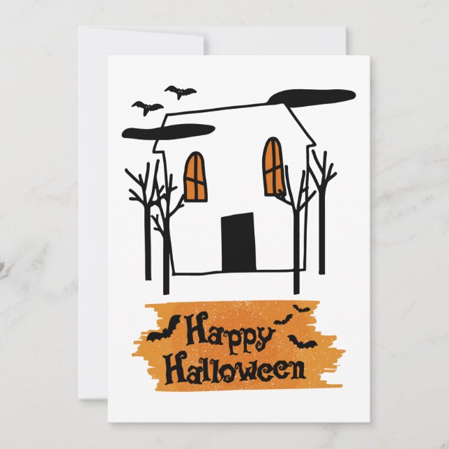 Tarjeta Festiva Halloween, casa embrujada, camiseta con doodle (Anverso)