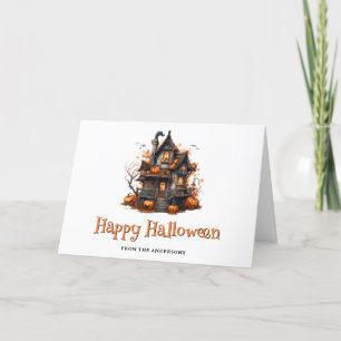 Tarjeta Festiva Halloween con calabazas de la casa embrujada