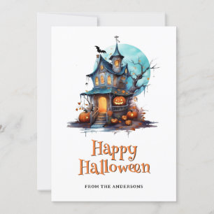 Tarjeta Festiva Halloween con esqueleto de la casa embrujada Ghost
