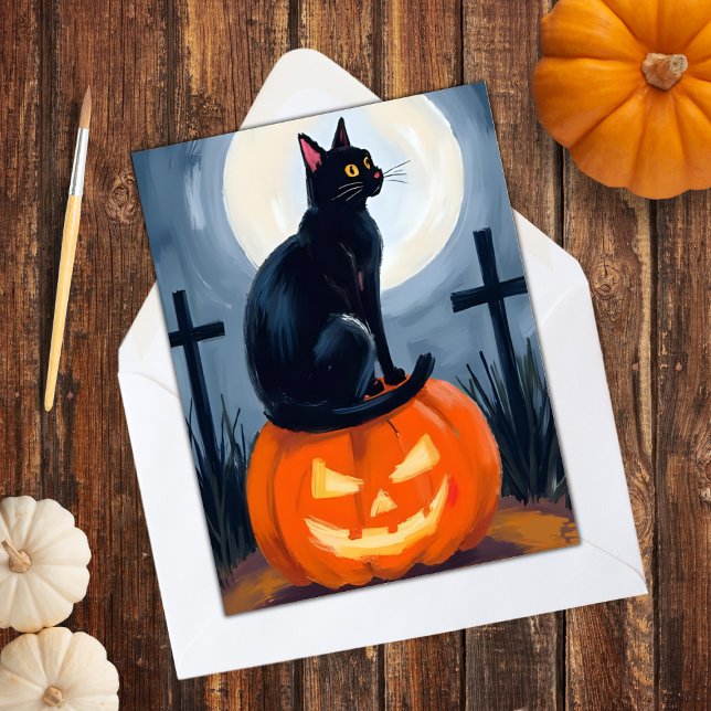 Tarjeta Festiva Halloween con gato negro Jack-O-Lantern pintado (Subido por el creador)