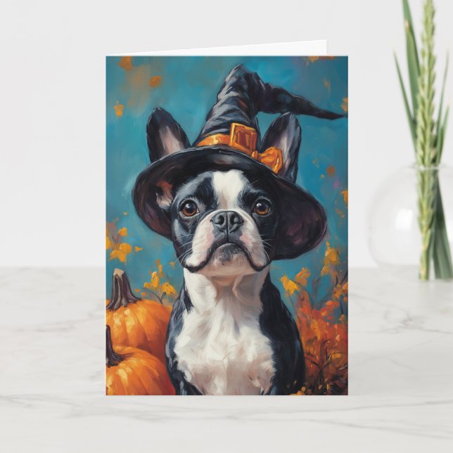 Tarjeta Festiva Halloween de Boston Terrier (Anverso)