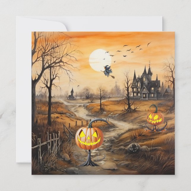 Tarjeta Festiva Halloween de calabazas espeluznantes (Anverso)
