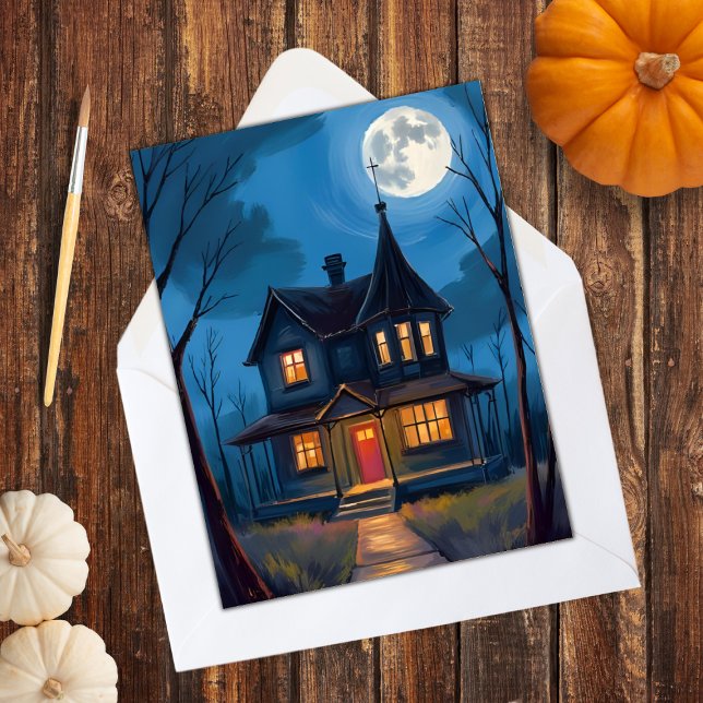 Tarjeta Festiva Halloween de casa embrujada pintada a mano (Subido por el creador)