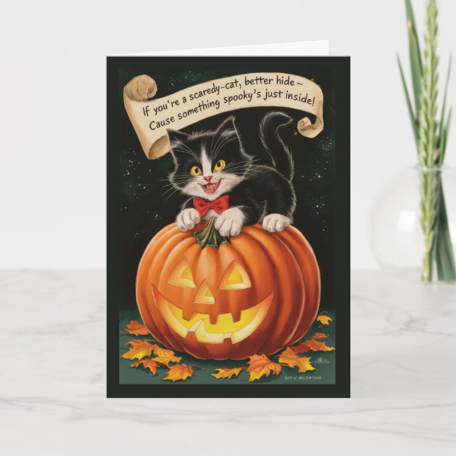 Tarjeta Festiva Halloween de gatos y calabazas malhumorados (Anverso)