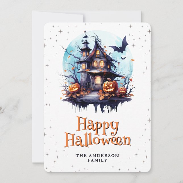 Tarjeta Festiva Halloween de Hauned House Bats Moon Jack O’Lantern (Anverso)