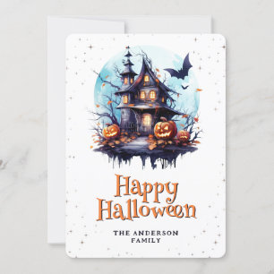 Tarjeta Festiva Halloween de Hauned House Bats Moon Jack O’Lantern