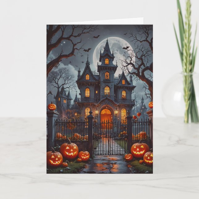 Tarjeta Festiva Halloween de Haunted House y Jack O' Lanterns (Anverso)