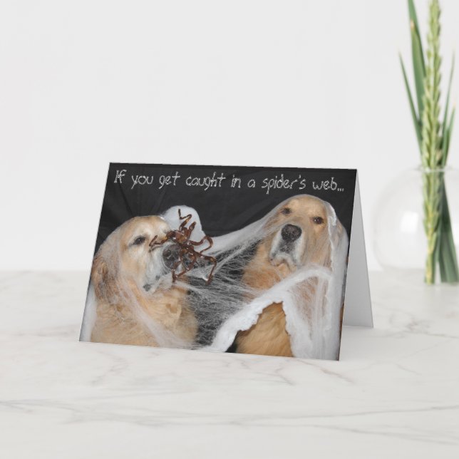Tarjeta Festiva Halloween de la araña del Golden Retriever (Anverso)