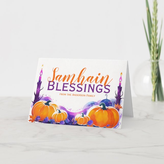 Tarjeta Festiva Halloween de Samhain Blesss Pumpkins & Candles (Anverso)
