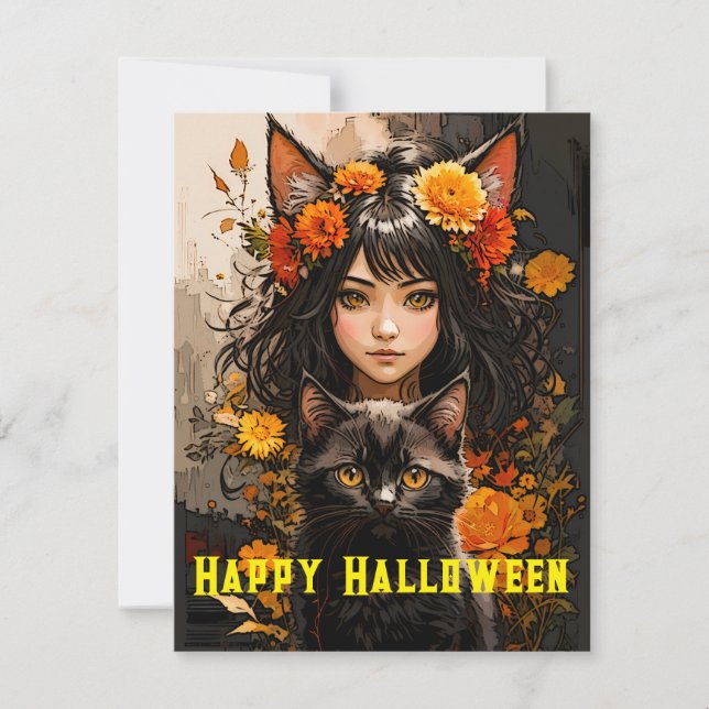 Tarjeta Festiva Halloween del gato Chica y el gato negro (Anverso)