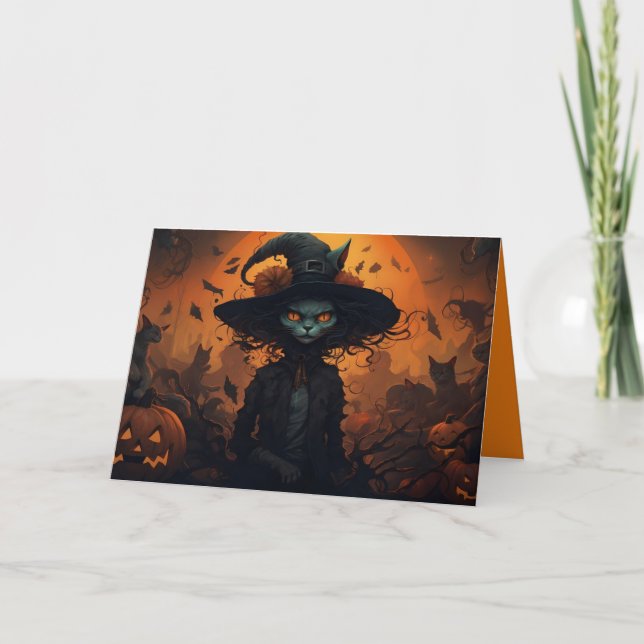 Tarjeta Festiva Halloween del gato petrificante de mala cara (Anverso)