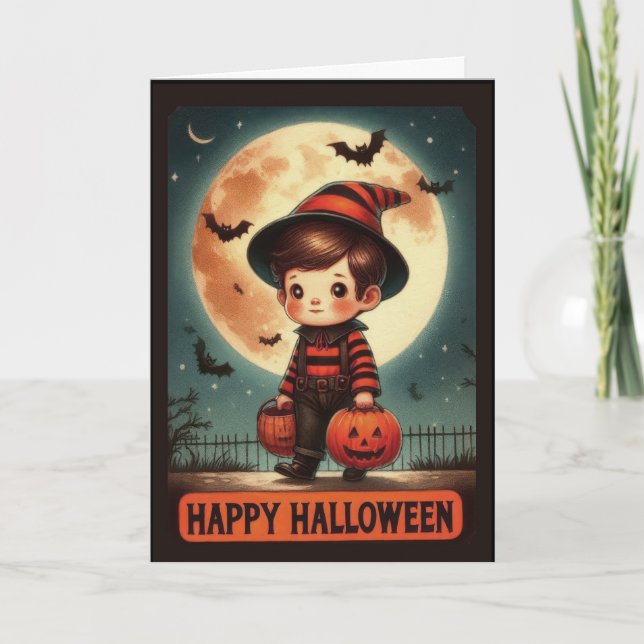Tarjeta Festiva Halloween del pequeño asistente de moda (Anverso)