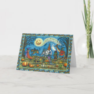 Tarjeta Festiva HALLOWEEN DESFILE Witch Giraffe Zebra Skelly BLANK